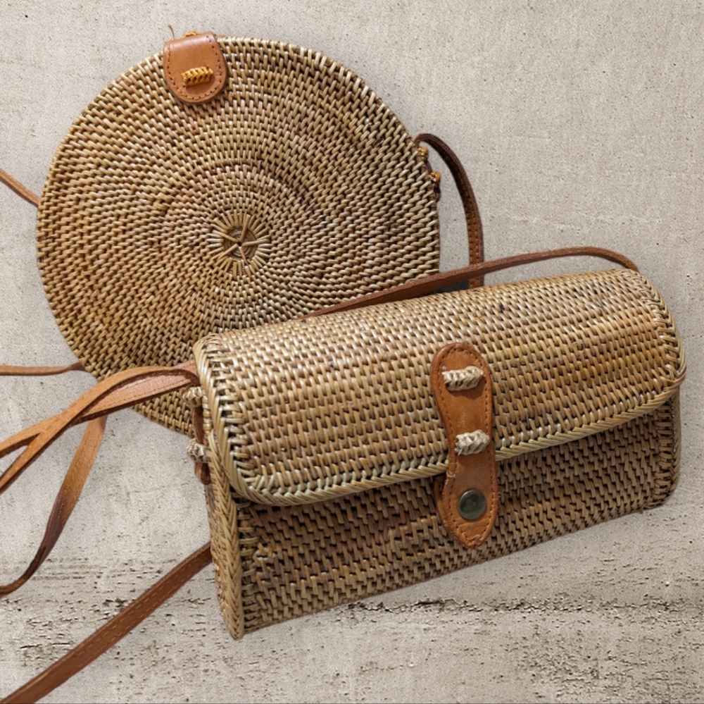 Amerii Rattan Straw Bag Wicker Purse Crossbody Leather Strap Boho 2 SET